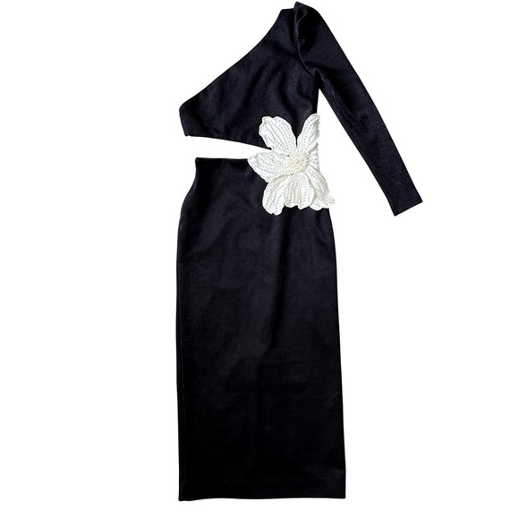 PatBO One Shoulder Floral Appliqué Cutout Midi Dress US 4 Black White Gorgeous🖤 - Picture 7 of 13